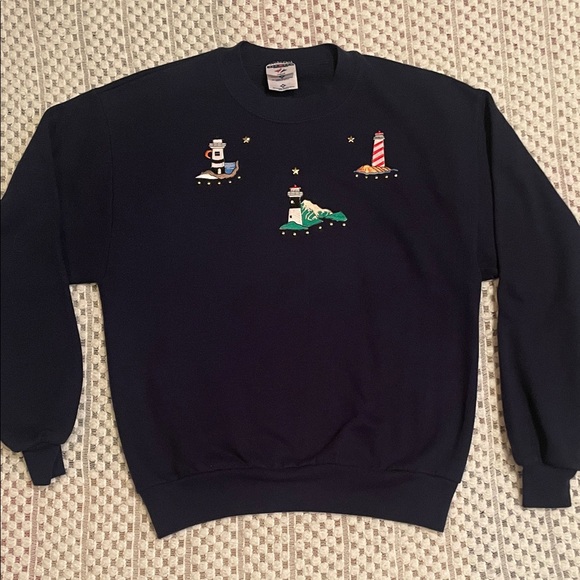 Jerzees Tops - Vintage Jerzees Lighthouse Sweatshirt Navy Embroidered Crewneck Coastal Grandma